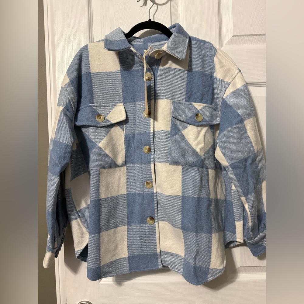 OTT NWT Blue and Cream Plaid Shacket- S/M, M/L - Picture 2 of 7